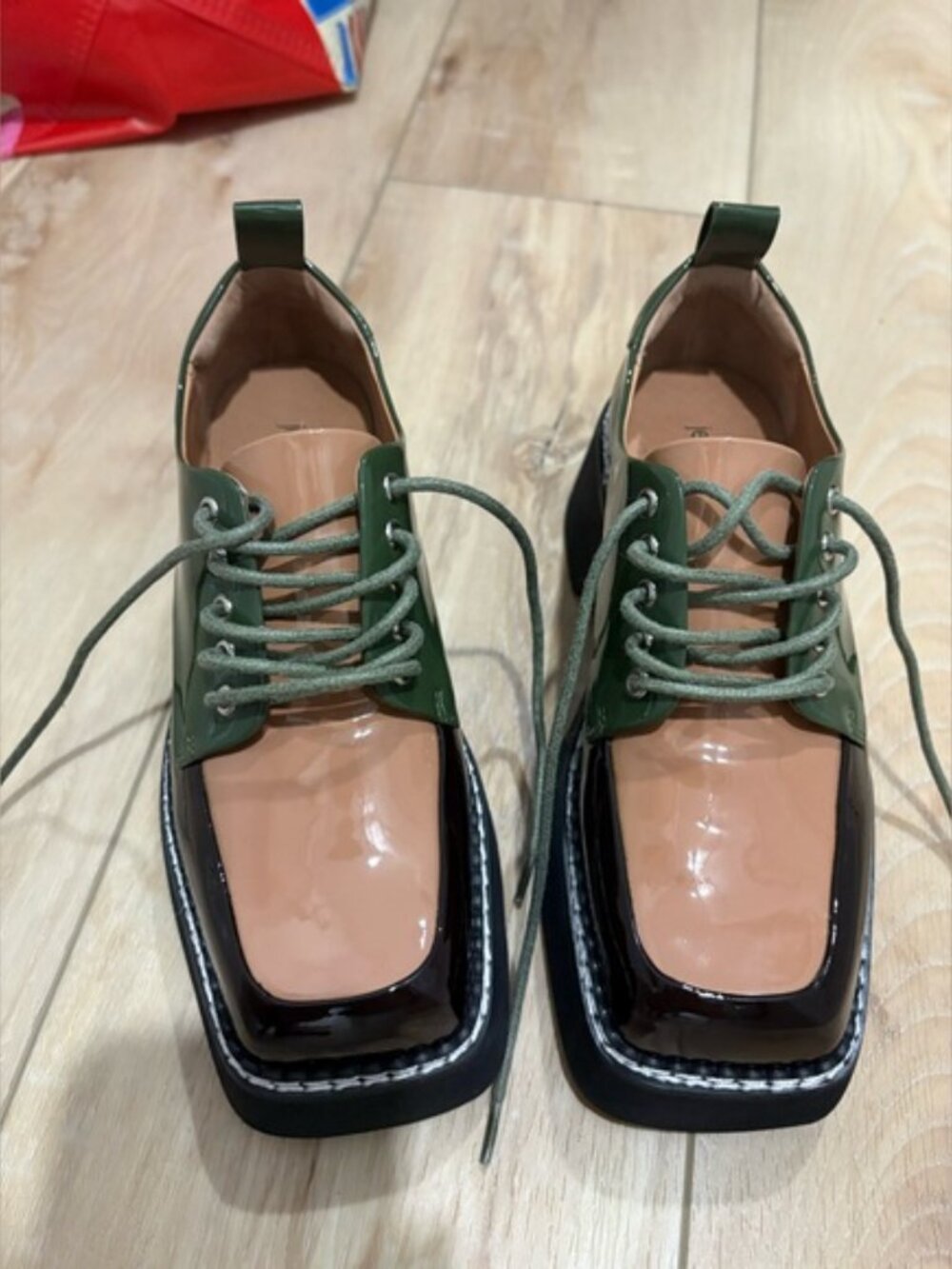 Jeffrey Campbell Book Platform Apron Toe Derby Green Tan Patent Leather Loafers - Picture 9 of 15